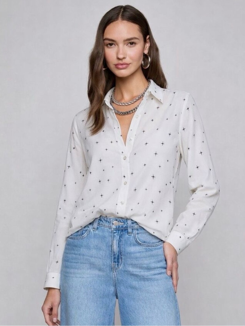 L’AGENCE Nina Ivory Twinkle Star Silk Blouse in White + Black Sz XS $390